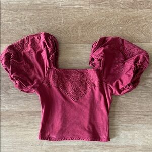 Express XS Burgundy Embroidered Puff Sleeve Blouse